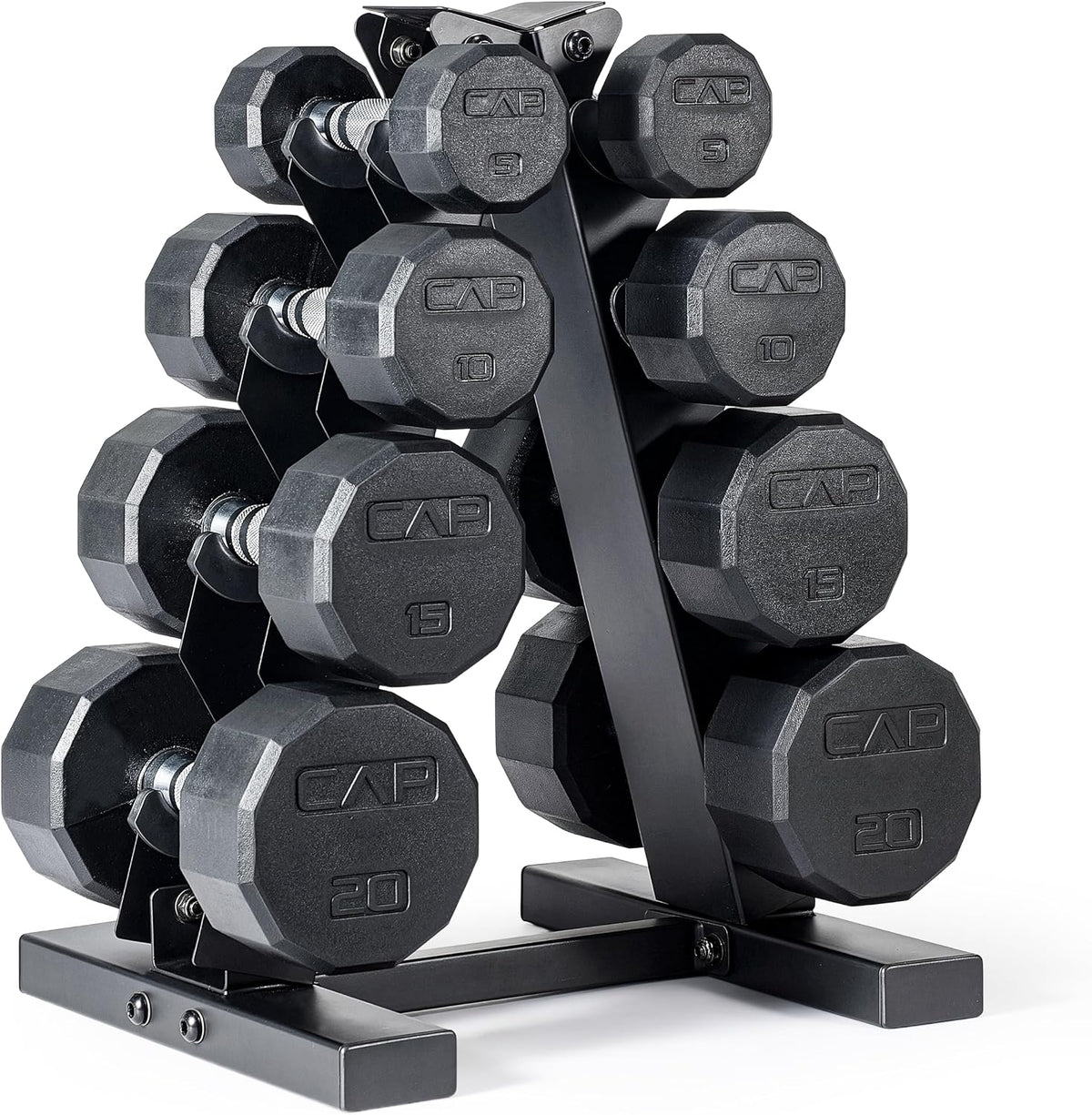 Rubber Coated Hex Dumbbell Set with Storage Rack | 100–210 lb Options, Space-Saving Vertical Compact Storage for Home Gym Strength Training