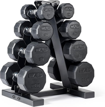 Rubber Coated Hex Dumbbell Set with Storage Rack | 100–210 lb Options, Space-Saving Vertical Compact Storage for Home Gym Strength Training