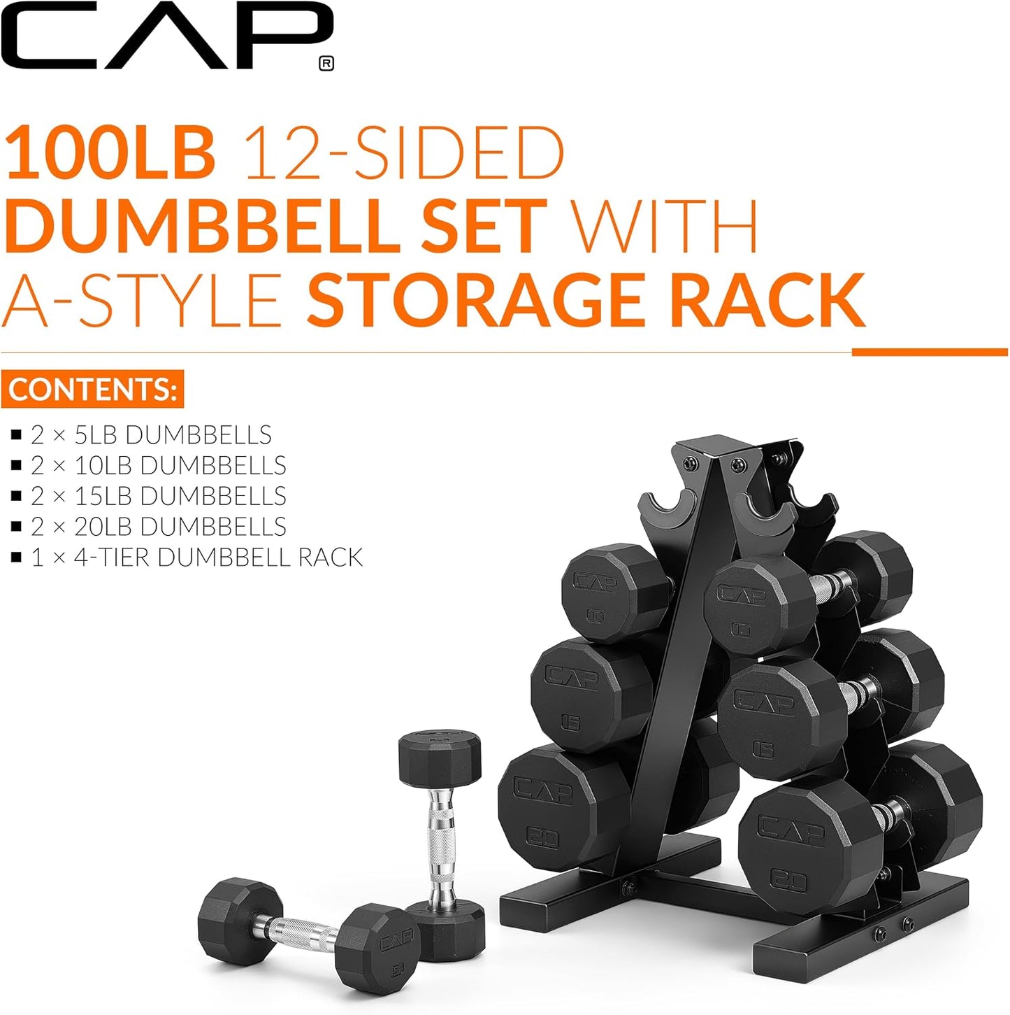 Rubber Coated Hex Dumbbell Set with Storage Rack | 100–210 lb Options, Space-Saving Vertical Compact Storage for Home Gym Strength Training