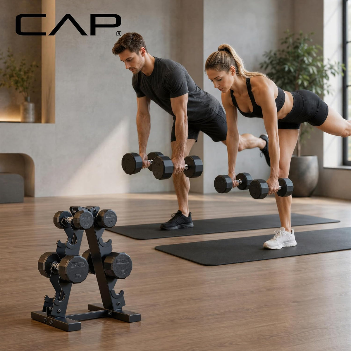 Rubber Coated Hex Dumbbell Set with Storage Rack | 100–210 lb Options, Space-Saving Vertical Compact Storage for Home Gym Strength Training
