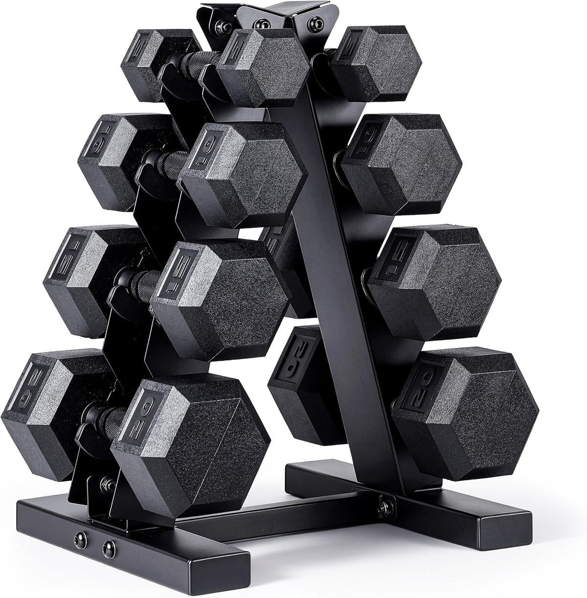 Rubber Coated Hex Dumbbell Set with Storage Rack | 100–210 lb Options, Space-Saving Vertical Compact Storage for Home Gym Strength Training