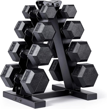 Rubber Coated Hex Dumbbell Set with Storage Rack | 100–210 lb Options, Space-Saving Vertical Compact Storage for Home Gym Strength Training