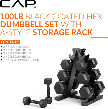 Rubber Coated Hex Dumbbell Set with Storage Rack | 100–210 lb Options, Space-Saving Vertical Compact Storage for Home Gym Strength Training