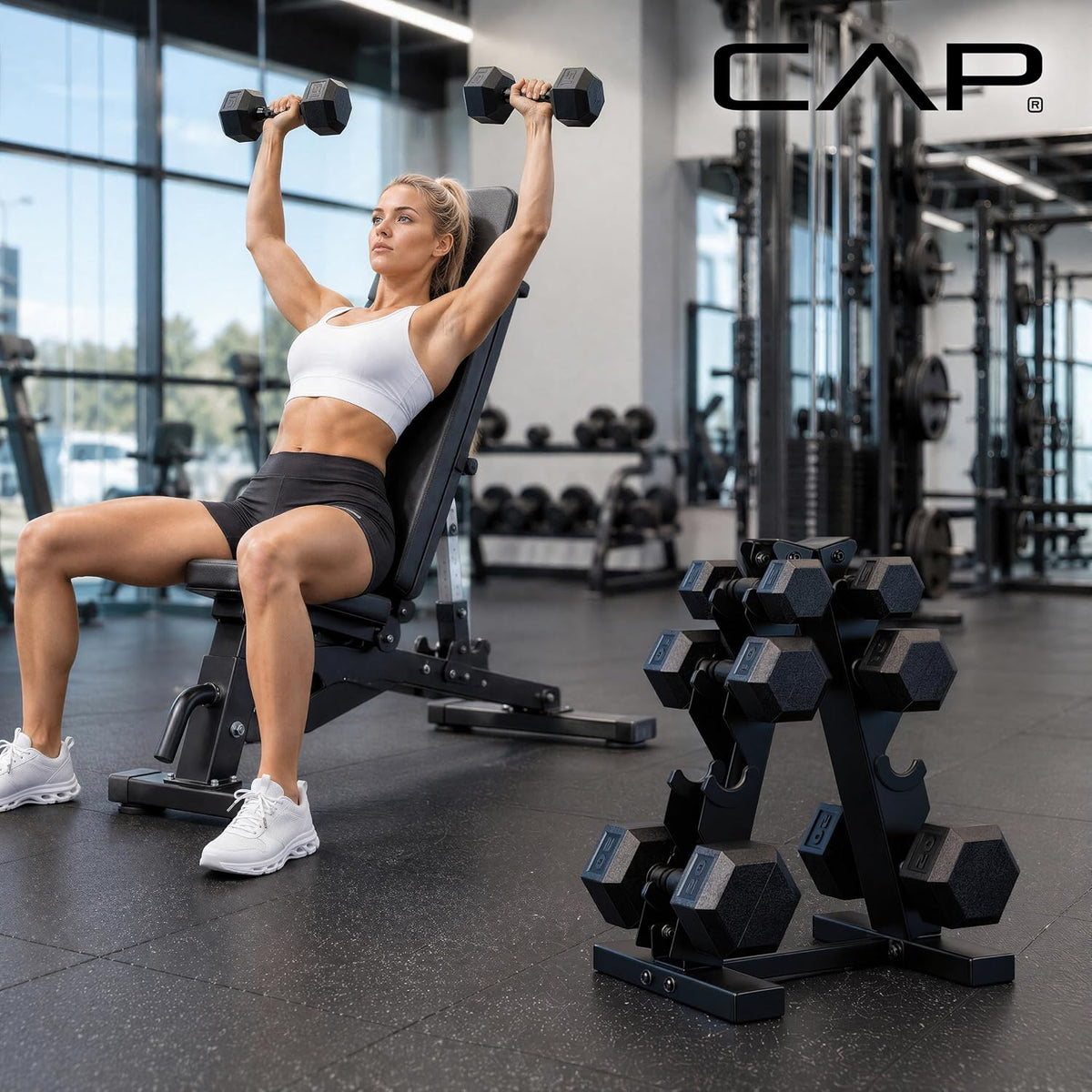 Rubber Coated Hex Dumbbell Set with Storage Rack | 100–210 lb Options, Space-Saving Vertical Compact Storage for Home Gym Strength Training