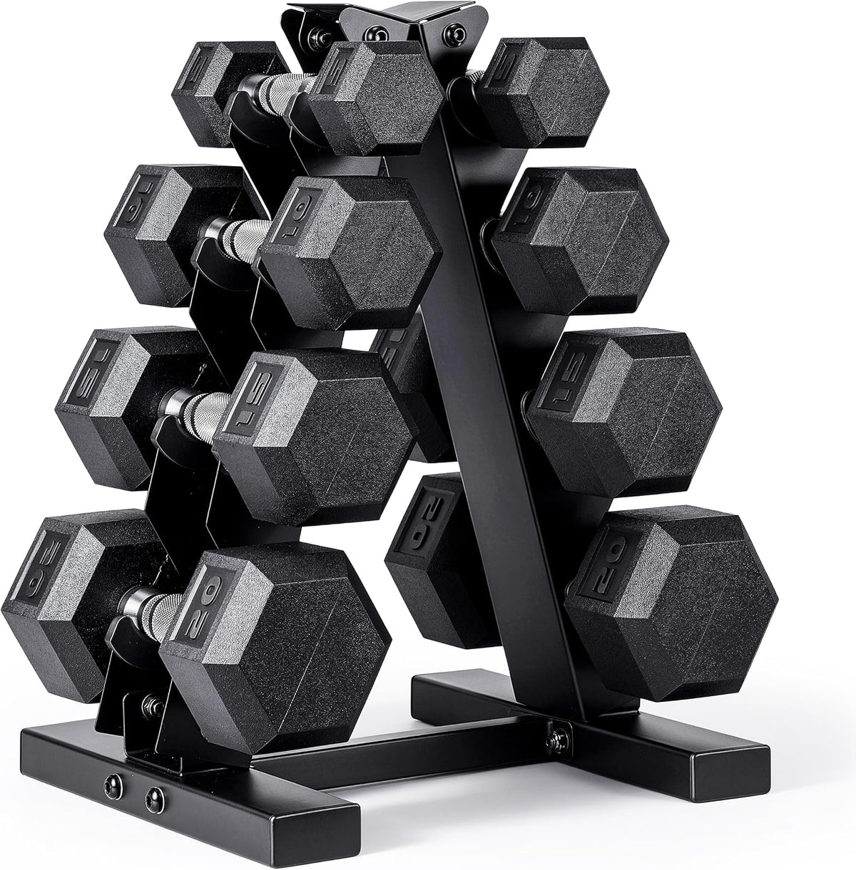 Rubber Coated Hex Dumbbell Set with Storage Rack | 100–210 lb Options, Space-Saving Vertical Compact Storage for Home Gym Strength Training