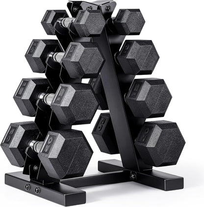 Rubber Coated Hex Dumbbell Set with Storage Rack | 100–210 lb Options, Space-Saving Vertical Compact Storage for Home Gym Strength Training