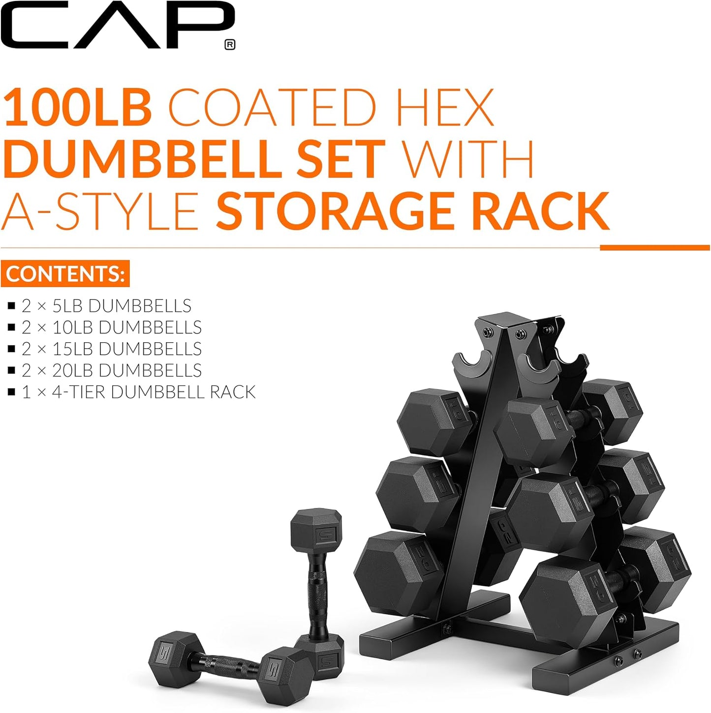 Rubber Coated Hex Dumbbell Set with Storage Rack | 100–210 lb Options, Space-Saving Vertical Compact Storage for Home Gym Strength Training