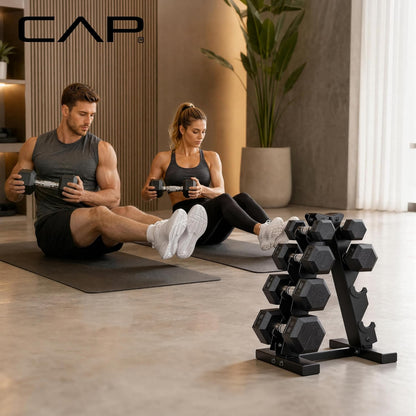 Rubber Coated Hex Dumbbell Set with Storage Rack | 100–210 lb Options, Space-Saving Vertical Compact Storage for Home Gym Strength Training