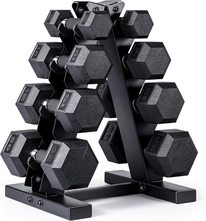 Rubber Coated Hex Dumbbell Set with Storage Rack | 100–210 lb Options, Space-Saving Vertical Compact Storage for Home Gym Strength Training