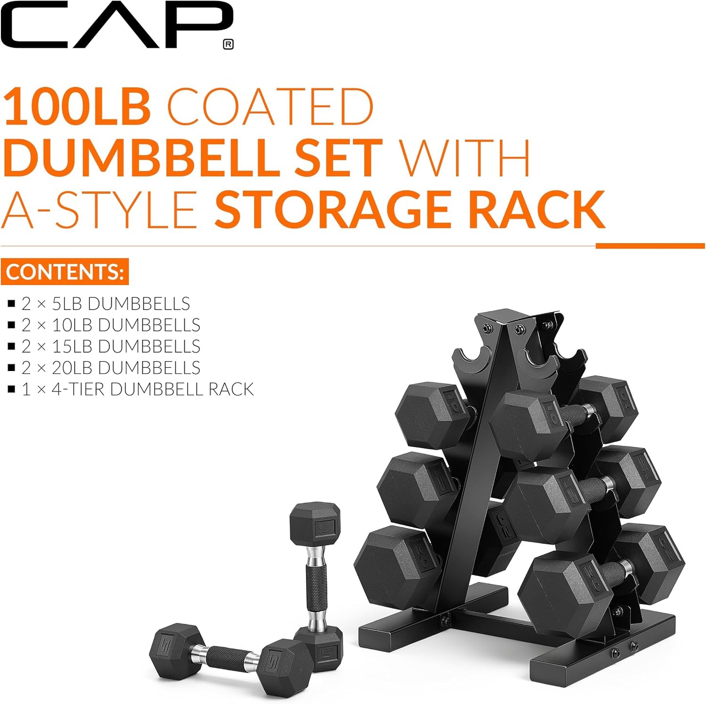 Rubber Coated Hex Dumbbell Set with Storage Rack | 100–210 lb Options, Space-Saving Vertical Compact Storage for Home Gym Strength Training