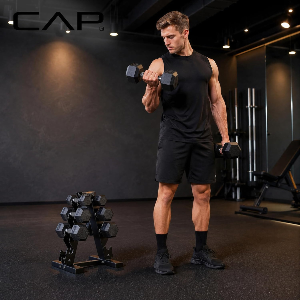 Rubber Coated Hex Dumbbell Set with Storage Rack | 100–210 lb Options, Space-Saving Vertical Compact Storage for Home Gym Strength Training