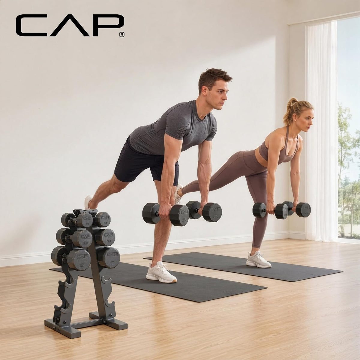 Rubber Coated Hex Dumbbell Set with Storage Rack | 100–210 lb Options, Space-Saving Vertical Compact Storage for Home Gym Strength Training