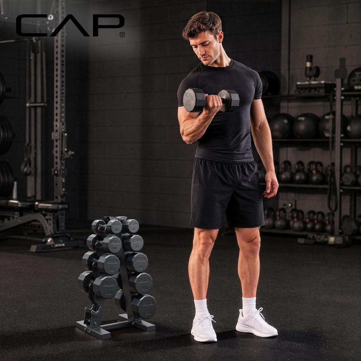Rubber Coated Hex Dumbbell Set with Storage Rack | 100–210 lb Options, Space-Saving Vertical Compact Storage for Home Gym Strength Training