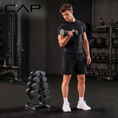 Rubber Coated Hex Dumbbell Set with Storage Rack | 100–210 lb Options, Space-Saving Vertical Compact Storage for Home Gym Strength Training