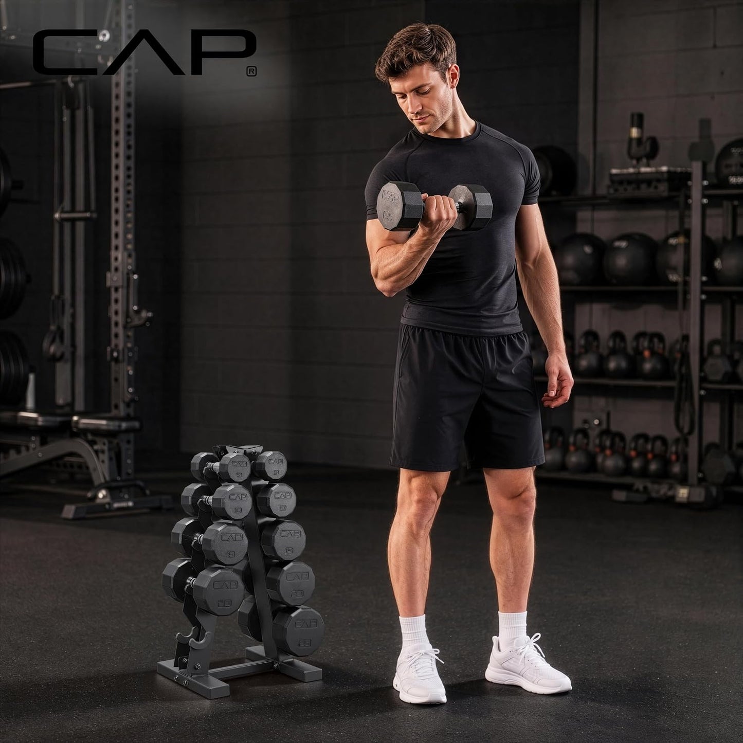 Rubber Coated Hex Dumbbell Set with Storage Rack | 100–210 lb Options, Space-Saving Vertical Compact Storage for Home Gym Strength Training