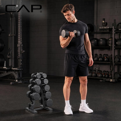 Rubber Coated Hex Dumbbell Set with Storage Rack | 100–210 lb Options, Space-Saving Vertical Compact Storage for Home Gym Strength Training