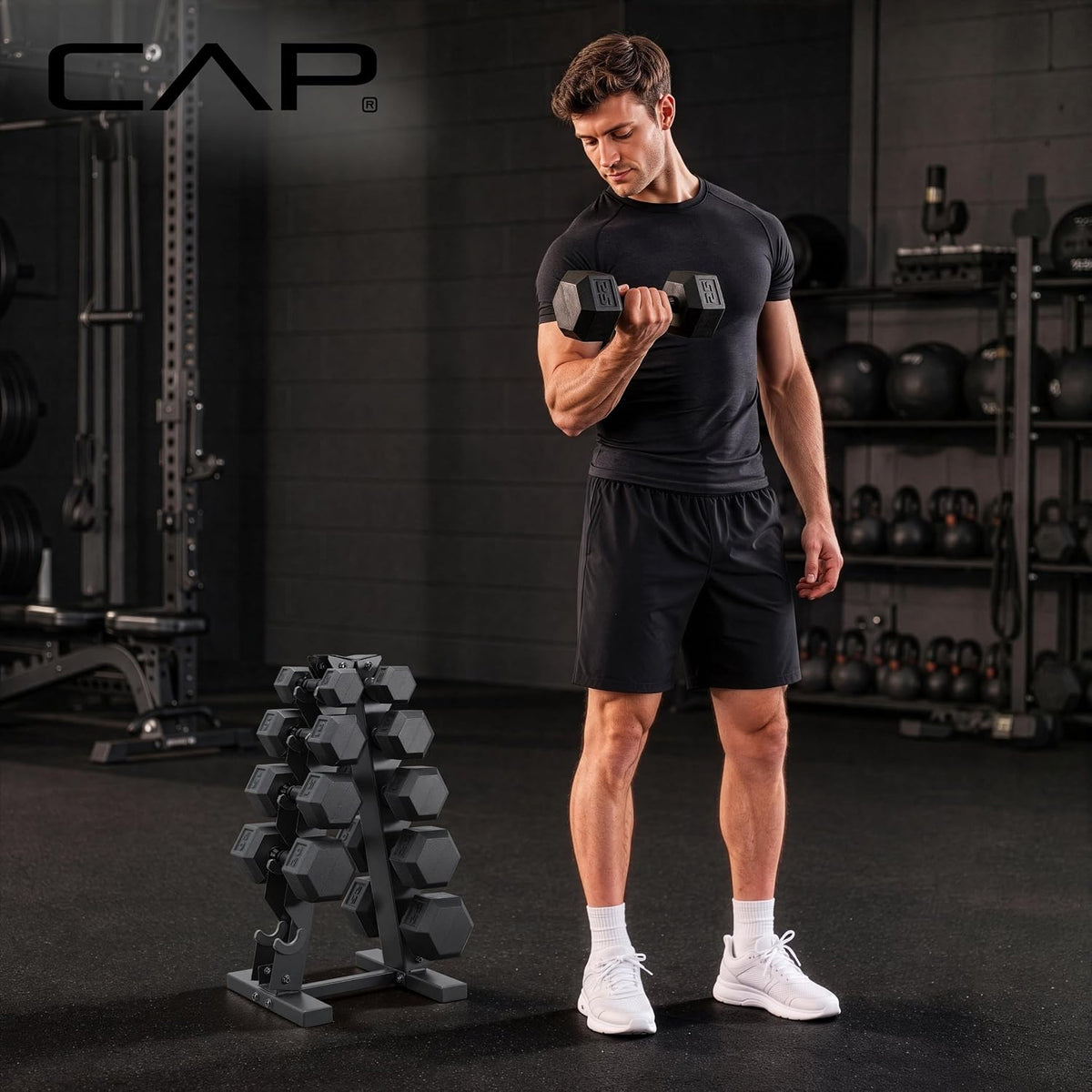 Rubber Coated Hex Dumbbell Set with Storage Rack | 100–210 lb Options, Space-Saving Vertical Compact Storage for Home Gym Strength Training