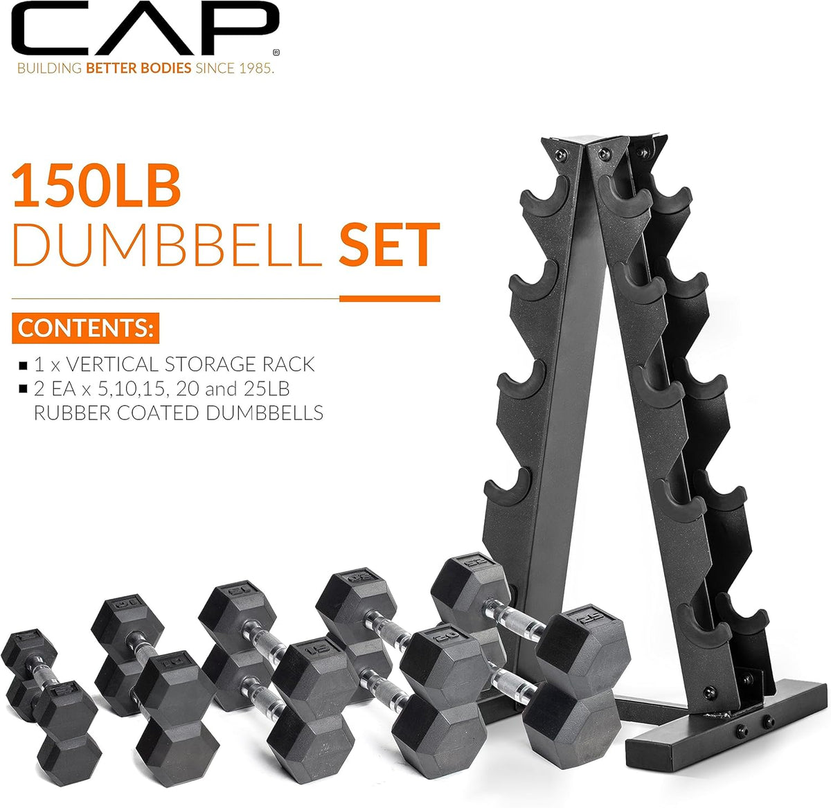 Rubber Coated Hex Dumbbell Set with Storage Rack | 100–210 lb Options, Space-Saving Vertical Compact Storage for Home Gym Strength Training