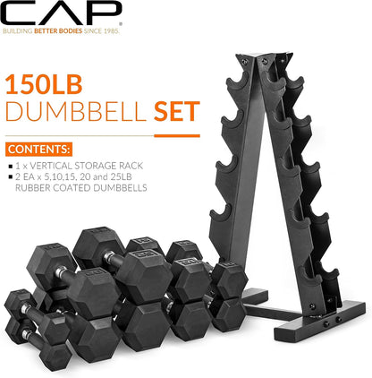 Rubber Coated Hex Dumbbell Set with Storage Rack | 100–210 lb Options, Space-Saving Vertical Compact Storage for Home Gym Strength Training