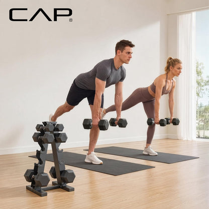 Rubber Coated Hex Dumbbell Set with Storage Rack | 100–210 lb Options, Space-Saving Vertical Compact Storage for Home Gym Strength Training