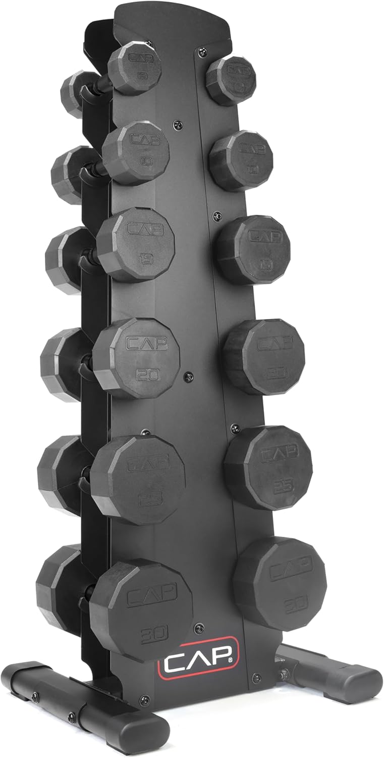 Rubber Coated Hex Dumbbell Set with Storage Rack | 100–210 lb Options, Space-Saving Vertical Compact Storage for Home Gym Strength Training