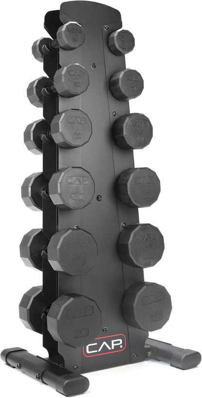 Rubber Coated Hex Dumbbell Set with Storage Rack | 100–210 lb Options, Space-Saving Vertical Compact Storage for Home Gym Strength Training