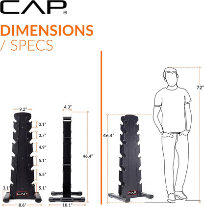 Rubber Coated Hex Dumbbell Set with Storage Rack | 100–210 lb Options, Space-Saving Vertical Compact Storage for Home Gym Strength Training