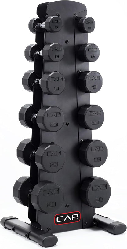 Rubber Coated Hex Dumbbell Set with Storage Rack | 100–210 lb Options, Space-Saving Vertical Compact Storage for Home Gym Strength Training