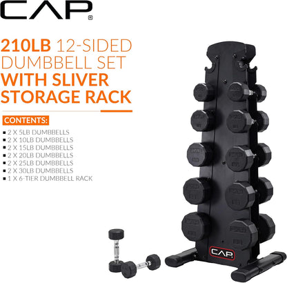 Rubber Coated Hex Dumbbell Set with Storage Rack | 100–210 lb Options, Space-Saving Vertical Compact Storage for Home Gym Strength Training