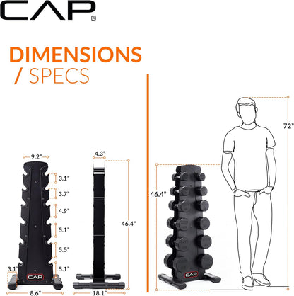 Rubber Coated Hex Dumbbell Set with Storage Rack | 100–210 lb Options, Space-Saving Vertical Compact Storage for Home Gym Strength Training