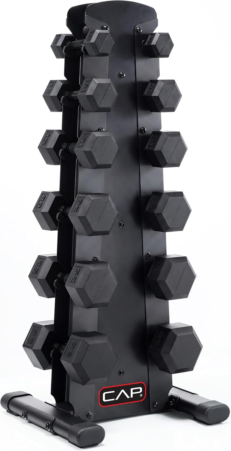 Rubber Coated Hex Dumbbell Set with Storage Rack | 100–210 lb Options, Space-Saving Vertical Compact Storage for Home Gym Strength Training