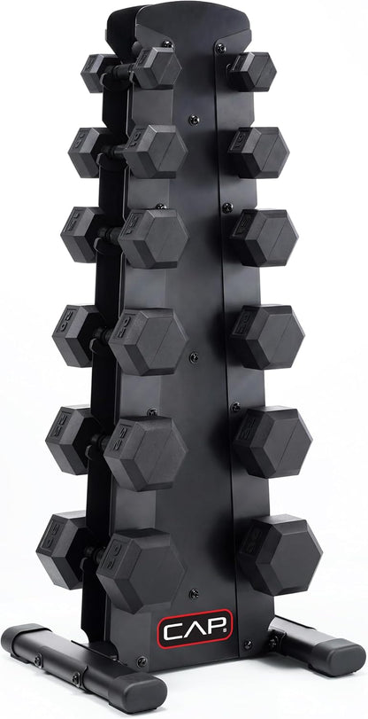 Rubber Coated Hex Dumbbell Set with Storage Rack | 100–210 lb Options, Space-Saving Vertical Compact Storage for Home Gym Strength Training