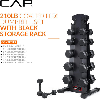 Rubber Coated Hex Dumbbell Set with Storage Rack | 100–210 lb Options, Space-Saving Vertical Compact Storage for Home Gym Strength Training