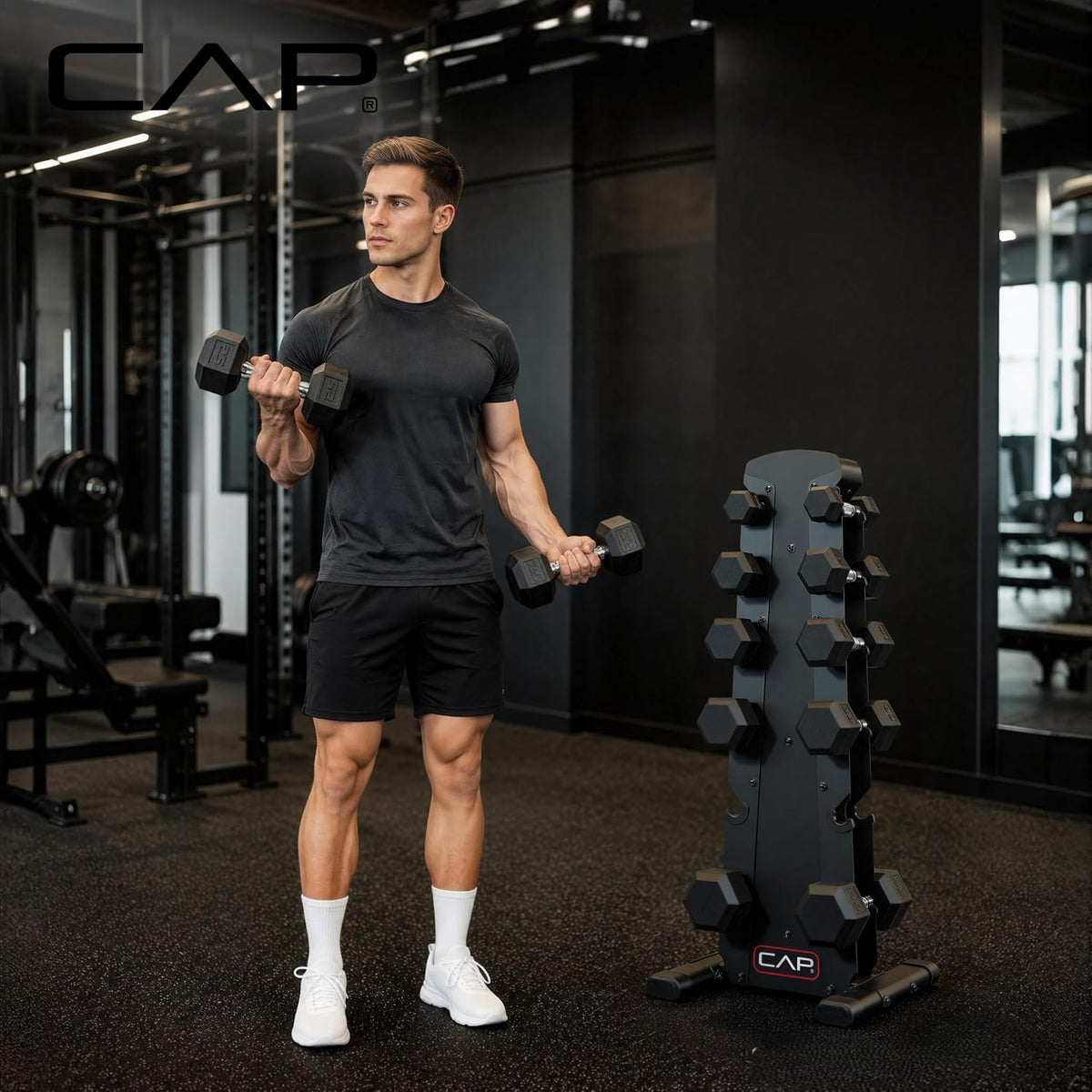 Rubber Coated Hex Dumbbell Set with Storage Rack | 100–210 lb Options, Space-Saving Vertical Compact Storage for Home Gym Strength Training