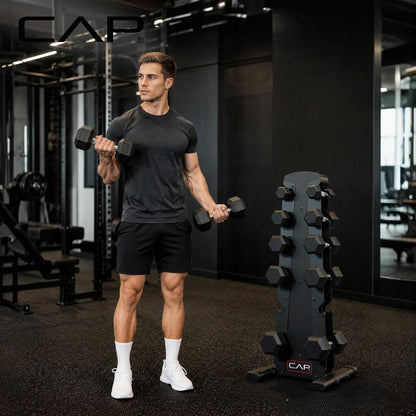 Rubber Coated Hex Dumbbell Set with Storage Rack | 100–210 lb Options, Space-Saving Vertical Compact Storage for Home Gym Strength Training