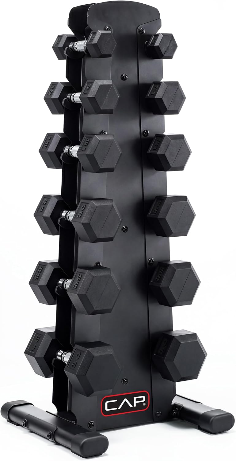 Rubber Coated Hex Dumbbell Set with Storage Rack | 100–210 lb Options, Space-Saving Vertical Compact Storage for Home Gym Strength Training