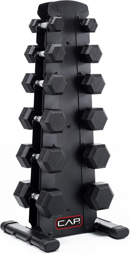 Rubber Coated Hex Dumbbell Set with Storage Rack | 100–210 lb Options, Space-Saving Vertical Compact Storage for Home Gym Strength Training