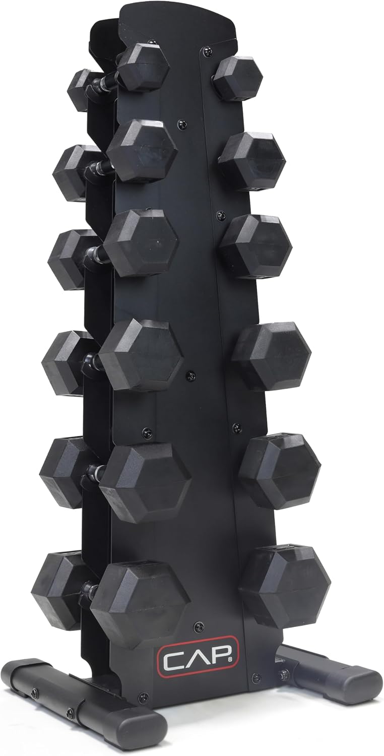 Rubber Coated Hex Dumbbell Set with Storage Rack | 100–210 lb Options, Space-Saving Vertical Compact Storage for Home Gym Strength Training