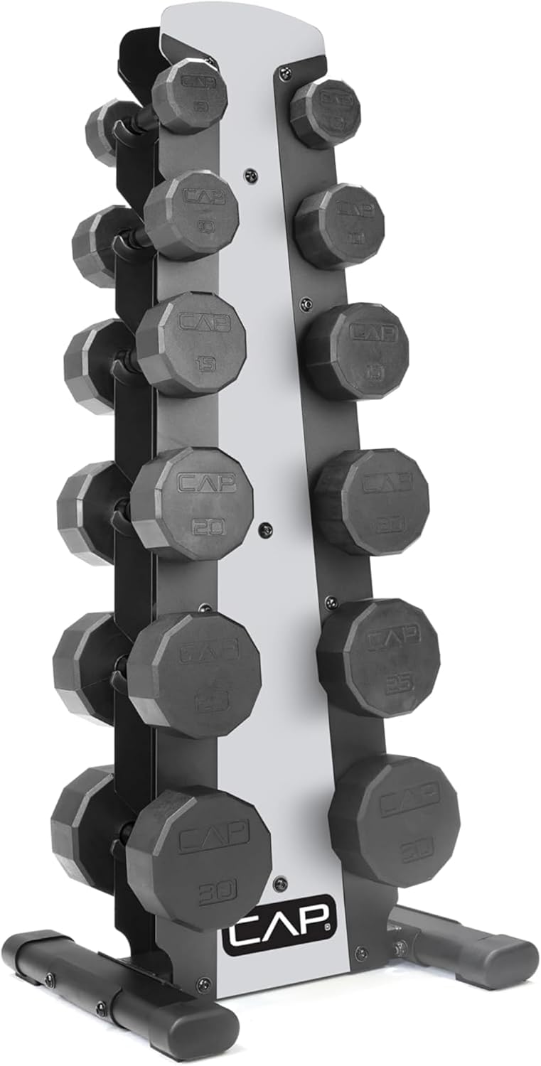 Rubber Coated Hex Dumbbell Set with Storage Rack | 100–210 lb Options, Space-Saving Vertical Compact Storage for Home Gym Strength Training