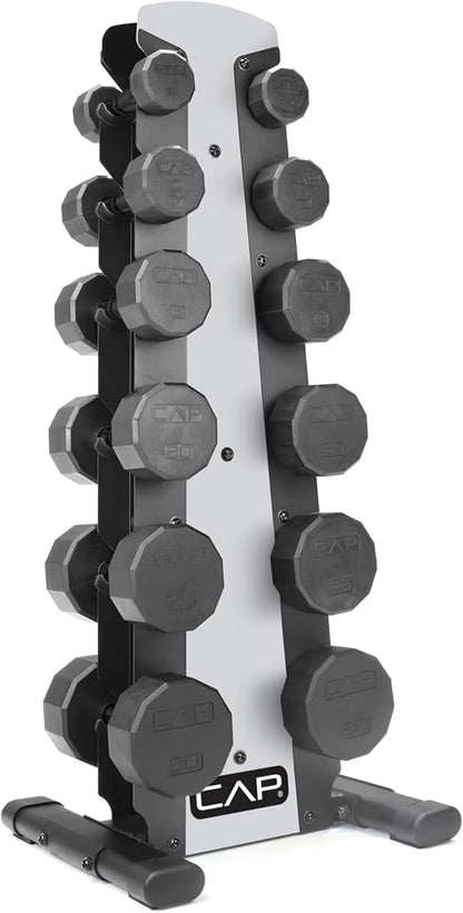 Rubber Coated Hex Dumbbell Set with Storage Rack | 100–210 lb Options, Space-Saving Vertical Compact Storage for Home Gym Strength Training