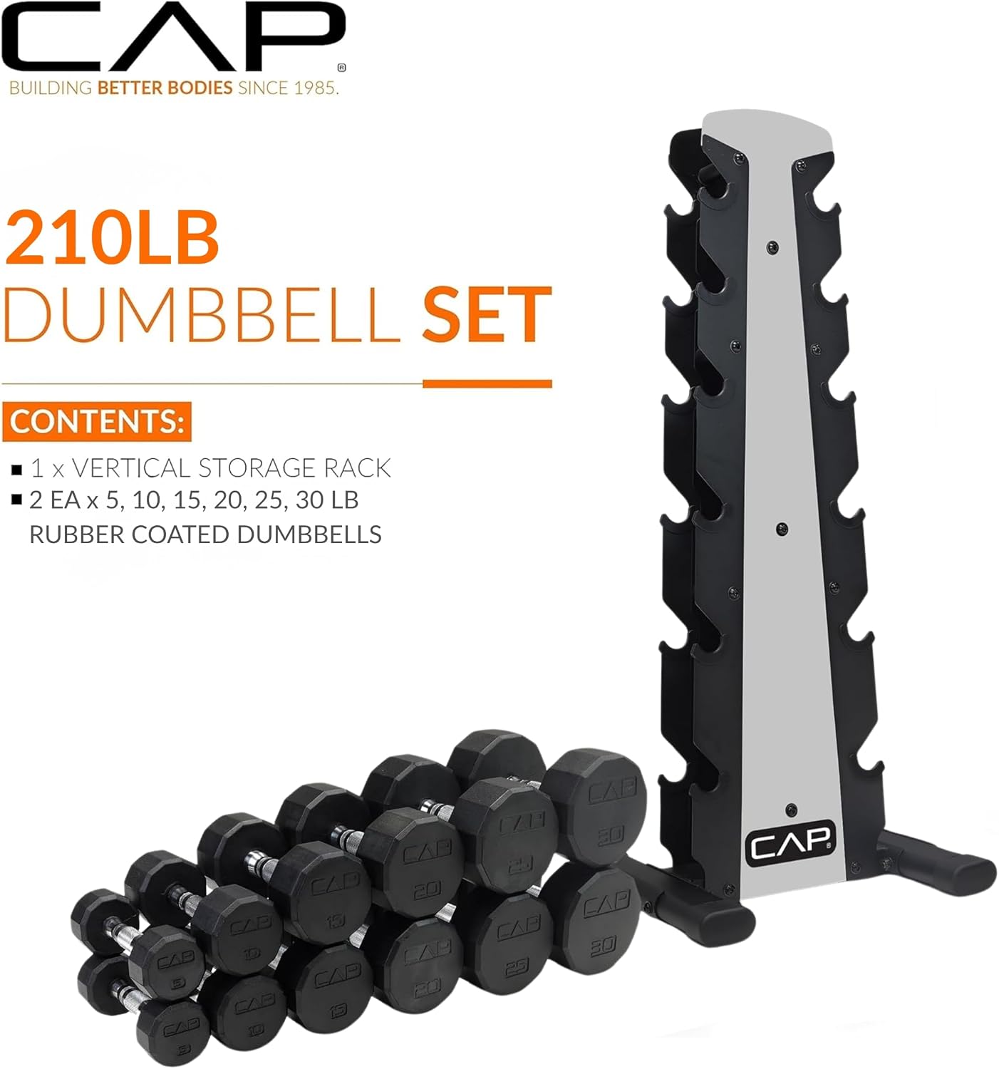 Rubber Coated Hex Dumbbell Set with Storage Rack | 100–210 lb Options, Space-Saving Vertical Compact Storage for Home Gym Strength Training