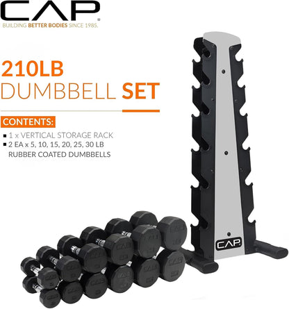 Rubber Coated Hex Dumbbell Set with Storage Rack | 100–210 lb Options, Space-Saving Vertical Compact Storage for Home Gym Strength Training