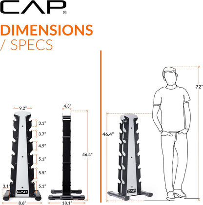 Rubber Coated Hex Dumbbell Set with Storage Rack | 100–210 lb Options, Space-Saving Vertical Compact Storage for Home Gym Strength Training