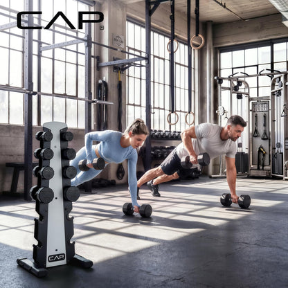 Rubber Coated Hex Dumbbell Set with Storage Rack | 100–210 lb Options, Space-Saving Vertical Compact Storage for Home Gym Strength Training