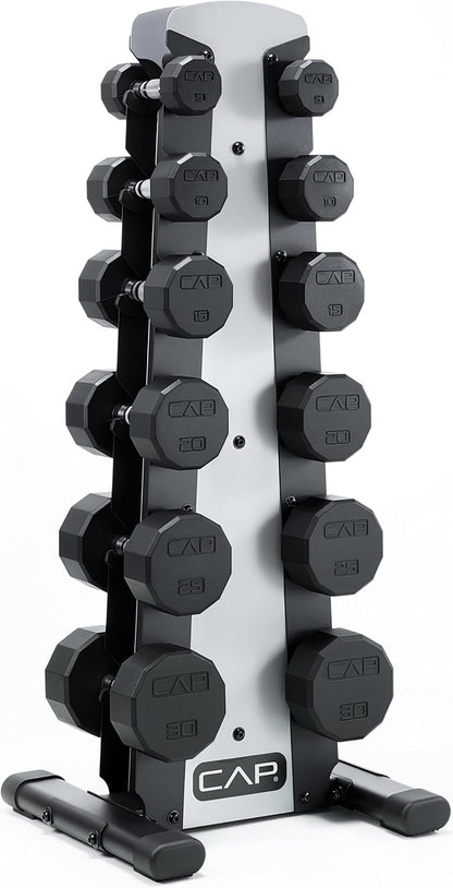 Rubber Coated Hex Dumbbell Set with Storage Rack | 100–210 lb Options, Space-Saving Vertical Compact Storage for Home Gym Strength Training