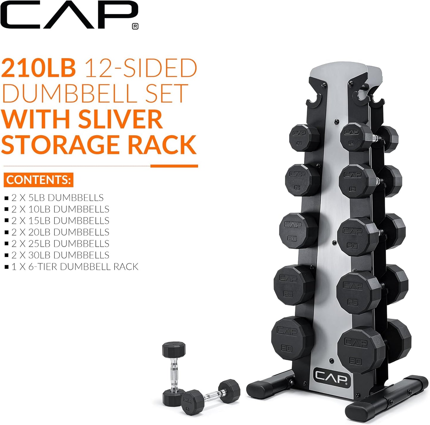 Rubber Coated Hex Dumbbell Set with Storage Rack | 100–210 lb Options, Space-Saving Vertical Compact Storage for Home Gym Strength Training