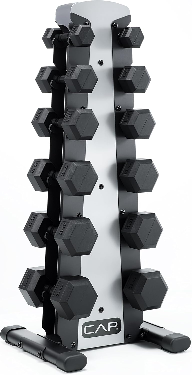 Rubber Coated Hex Dumbbell Set with Storage Rack | 100–210 lb Options, Space-Saving Vertical Compact Storage for Home Gym Strength Training