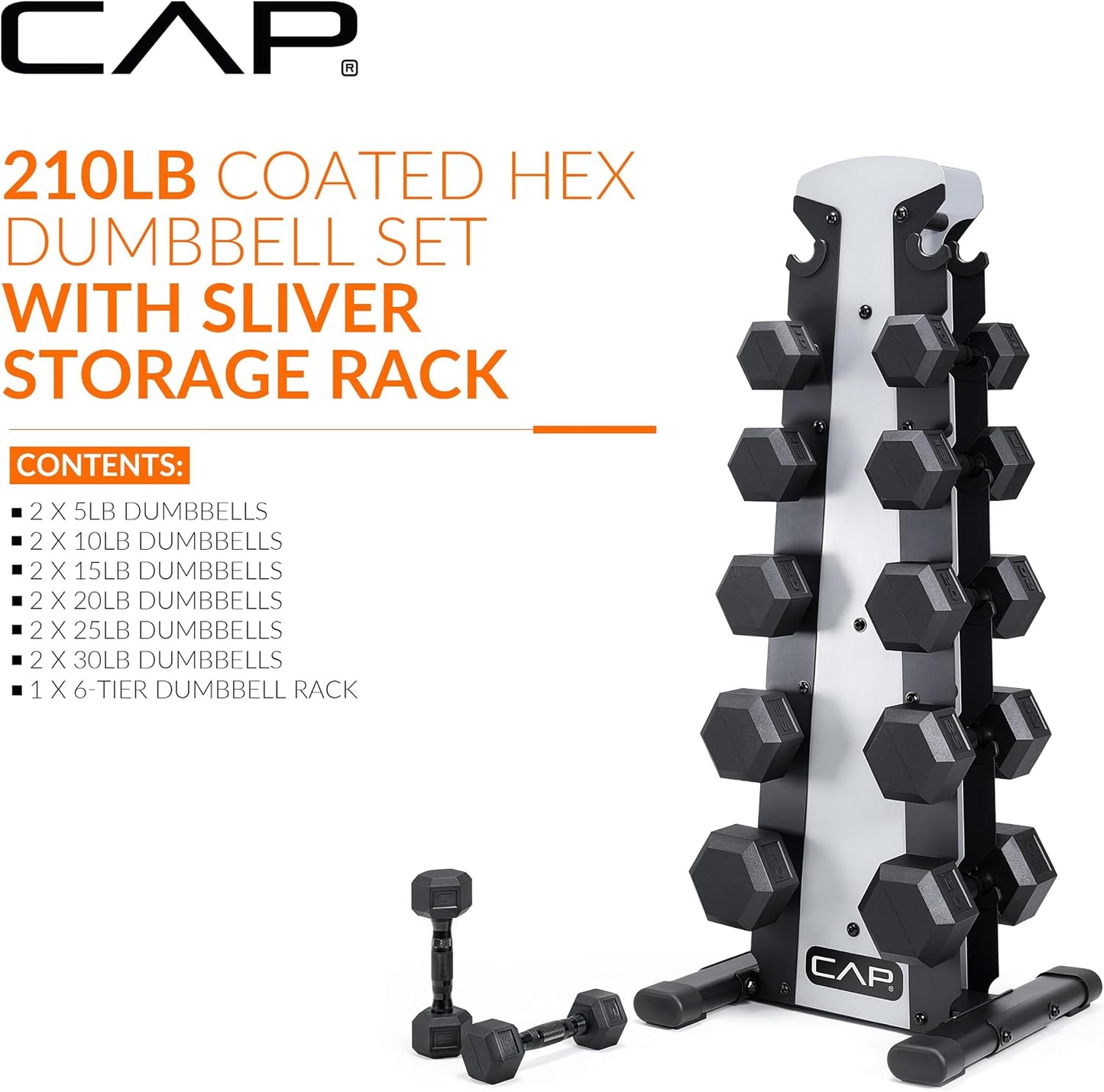 Rubber Coated Hex Dumbbell Set with Storage Rack | 100–210 lb Options, Space-Saving Vertical Compact Storage for Home Gym Strength Training
