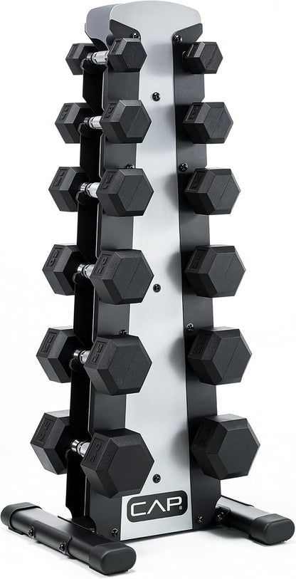 Rubber Coated Hex Dumbbell Set with Storage Rack | 100–210 lb Options, Space-Saving Vertical Compact Storage for Home Gym Strength Training