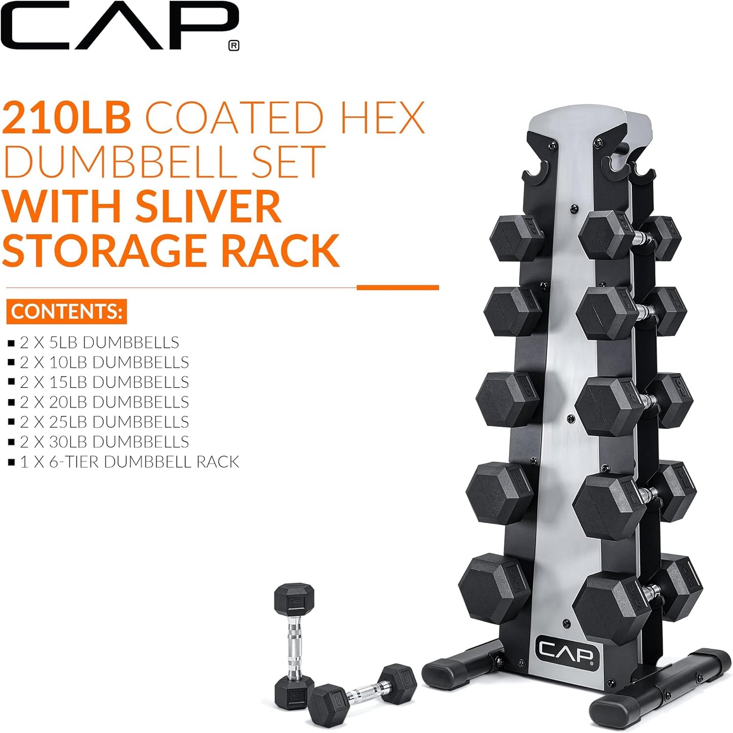 Rubber Coated Hex Dumbbell Set with Storage Rack | 100–210 lb Options, Space-Saving Vertical Compact Storage for Home Gym Strength Training